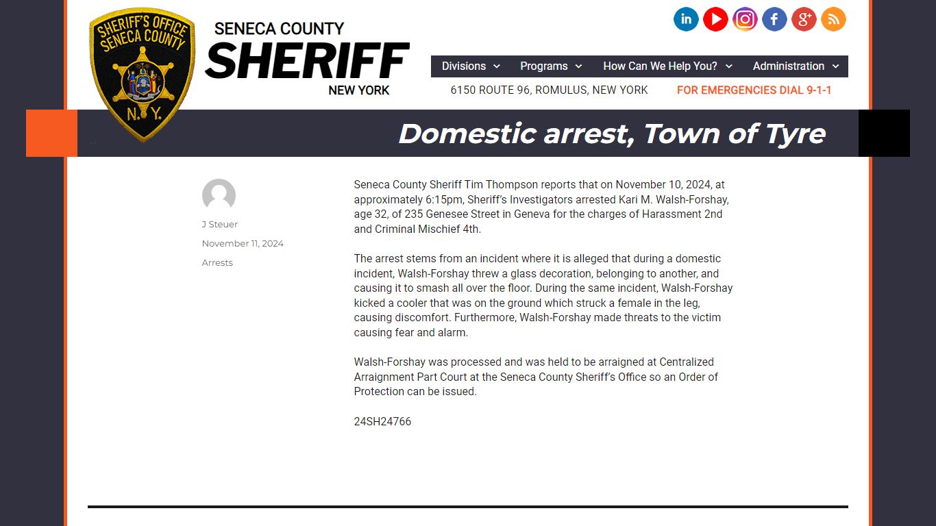 Domestic arrest, Town of Tyre – Seneca County Sheriff, New York